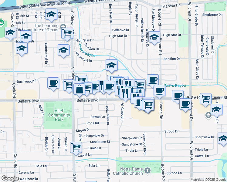 map of restaurants, bars, coffee shops, grocery stores, and more near 11528 Bellaire Blvd in Houston