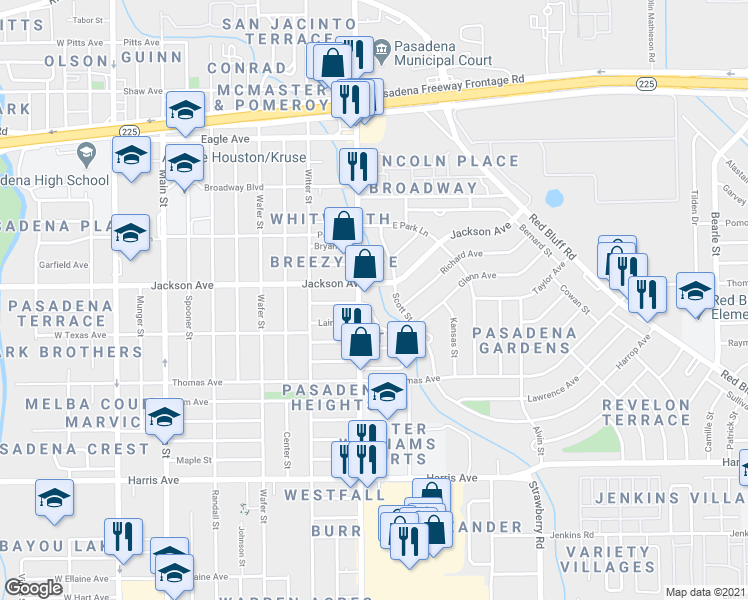 map of restaurants, bars, coffee shops, grocery stores, and more near 1010 Jackson Avenue in Pasadena