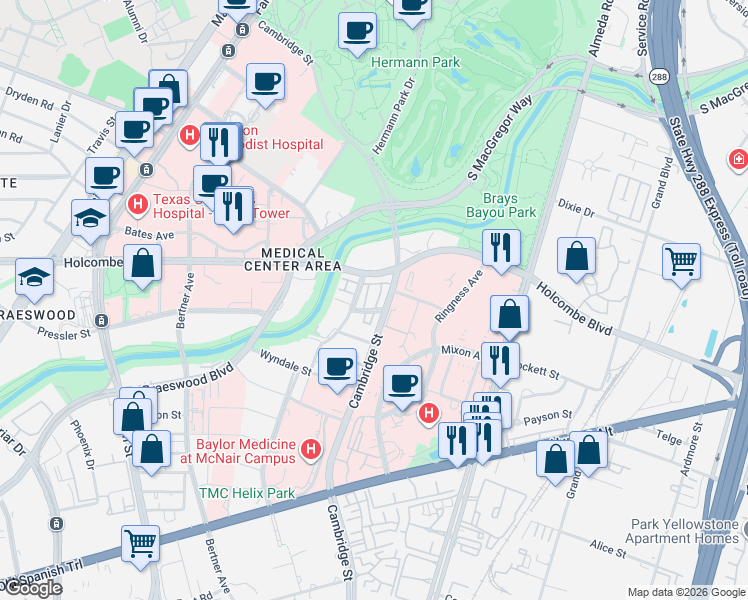 map of restaurants, bars, coffee shops, grocery stores, and more near 1935 Woodbury Street in Houston