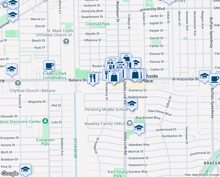 map of restaurants, bars, coffee shops, grocery stores, and more near 4032 Gramercy Street in Houston