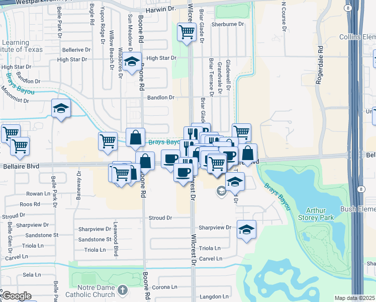 map of restaurants, bars, coffee shops, grocery stores, and more near 10850 Bellaire Boulevard in Houston
