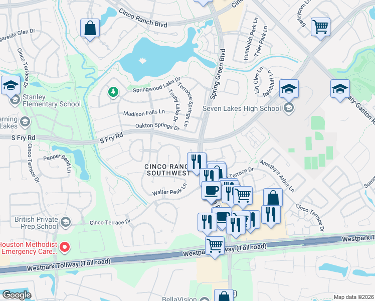 map of restaurants, bars, coffee shops, grocery stores, and more near 9722 Parsonsfield Lane in Katy