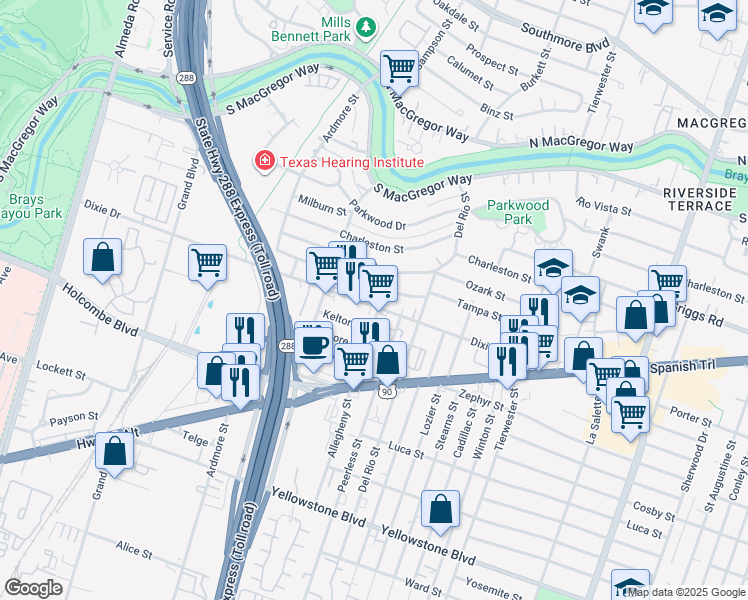map of restaurants, bars, coffee shops, grocery stores, and more near 3338 Dixie Drive in Houston