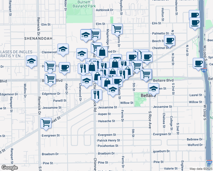 map of restaurants, bars, coffee shops, grocery stores, and more near 5420 Bissonnet Street in Bellaire