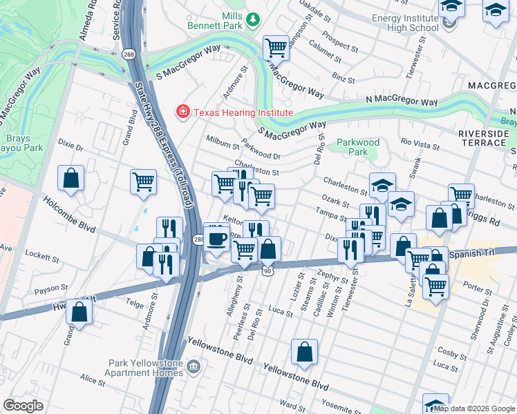 map of restaurants, bars, coffee shops, grocery stores, and more near 3338 Dixie Drive in Houston