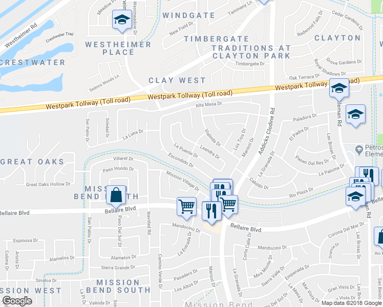 map of restaurants, bars, coffee shops, grocery stores, and more near 6800 La Puente Drive in Houston