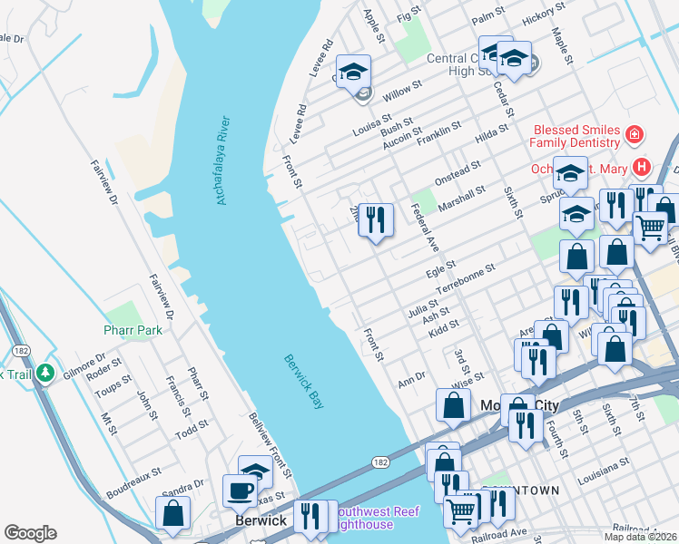 map of restaurants, bars, coffee shops, grocery stores, and more near 1398 Front Street in Morgan City