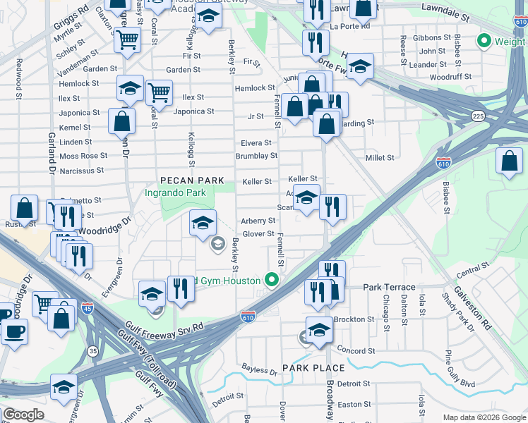 map of restaurants, bars, coffee shops, grocery stores, and more near 7813 Arberry Street in Houston