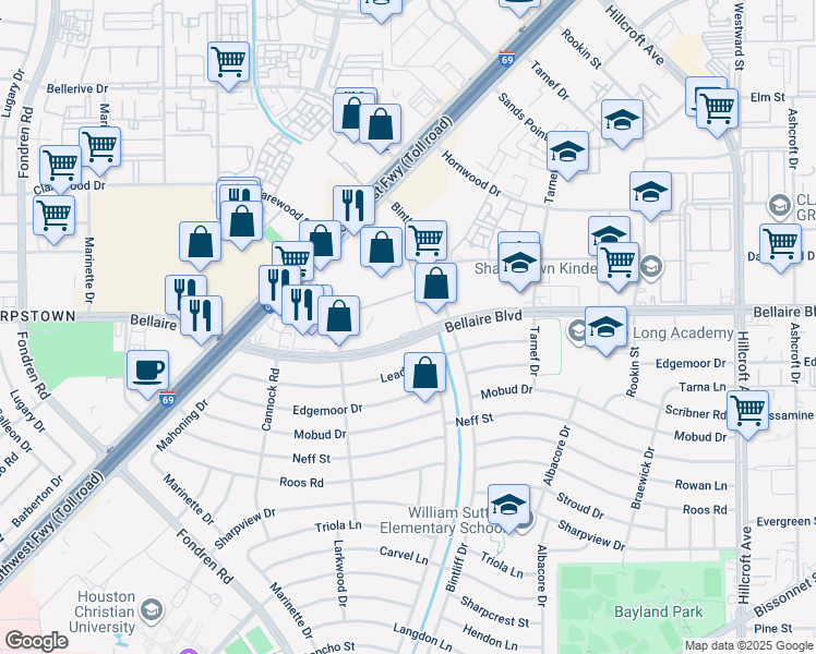 map of restaurants, bars, coffee shops, grocery stores, and more near 6960 Bellaire Boulevard in Houston