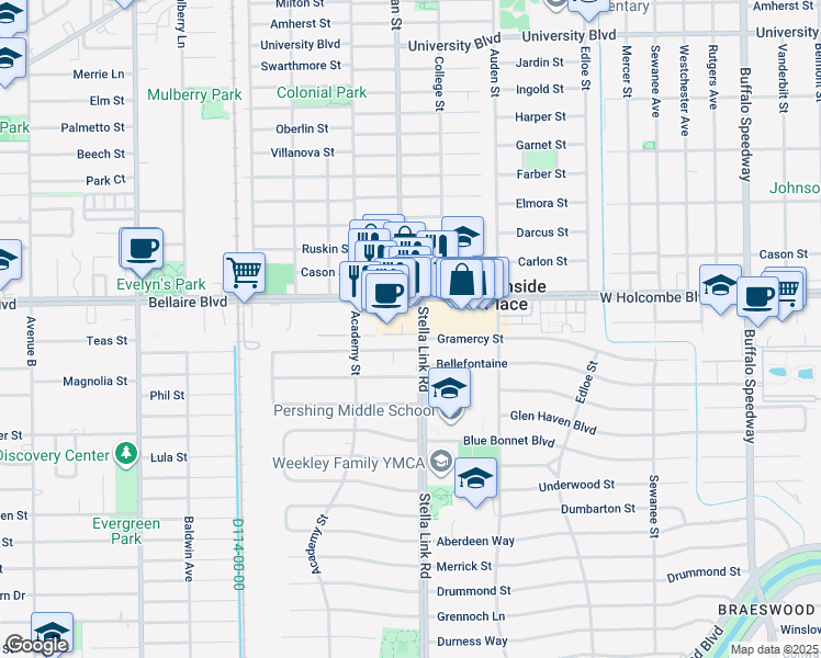 map of restaurants, bars, coffee shops, grocery stores, and more near 6902 Stella Link Road in Houston