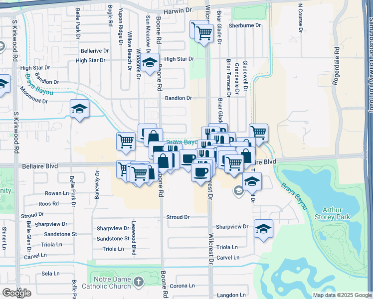map of restaurants, bars, coffee shops, grocery stores, and more near 10982 Bellaire Boulevard in Houston
