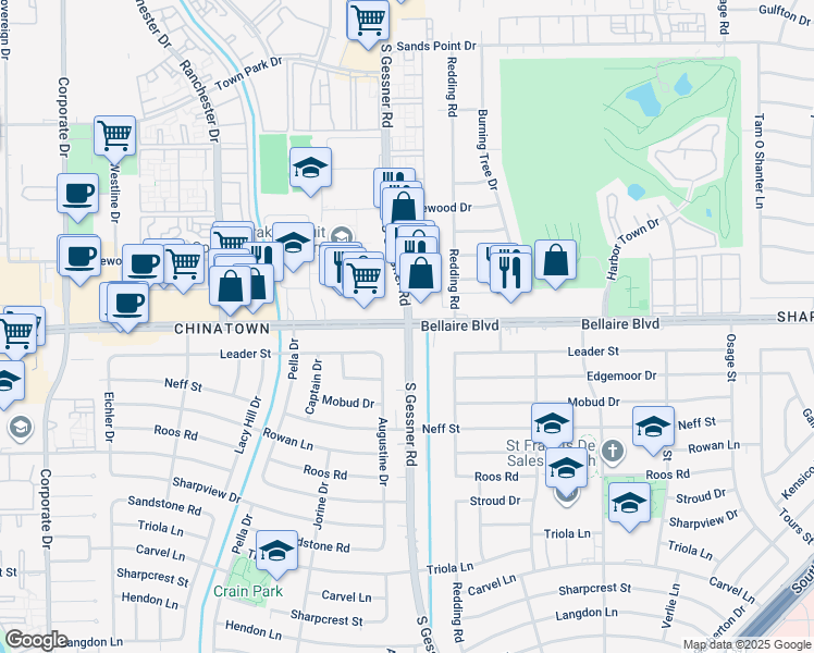 map of restaurants, bars, coffee shops, grocery stores, and more near Bellaire Blvd & S Gessner Rd in Houston