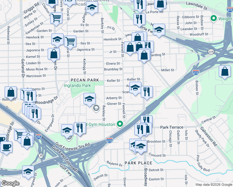 map of restaurants, bars, coffee shops, grocery stores, and more near 7813 Arberry Street in Houston