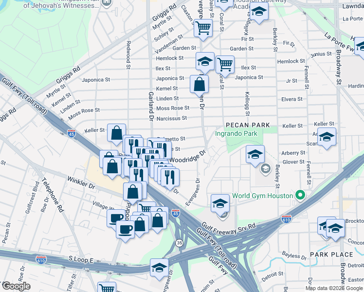 map of restaurants, bars, coffee shops, grocery stores, and more near 7106 Quince Street in Houston