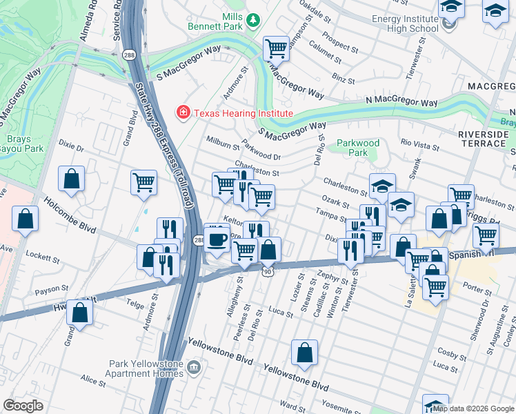 map of restaurants, bars, coffee shops, grocery stores, and more near 3338 Dixie Drive in Houston