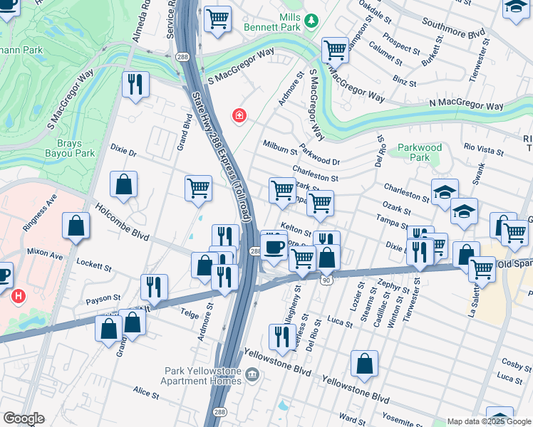 map of restaurants, bars, coffee shops, grocery stores, and more near South Fwy in Houston