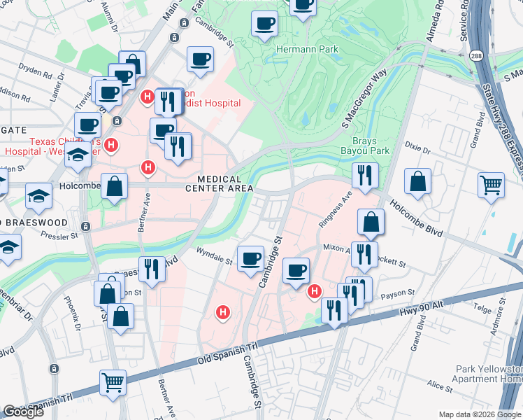 map of restaurants, bars, coffee shops, grocery stores, and more near 6844 Staffordshire in Houston