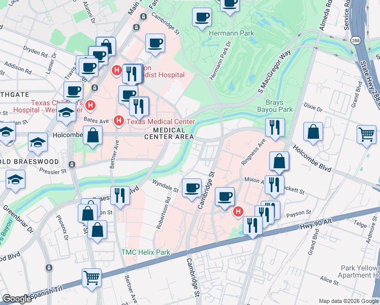 map of restaurants, bars, coffee shops, grocery stores, and more near 6818 Staffordshire in Houston