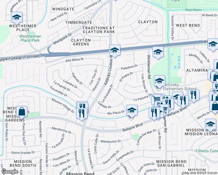 map of restaurants, bars, coffee shops, grocery stores, and more near 6726 La Granada Drive in Houston