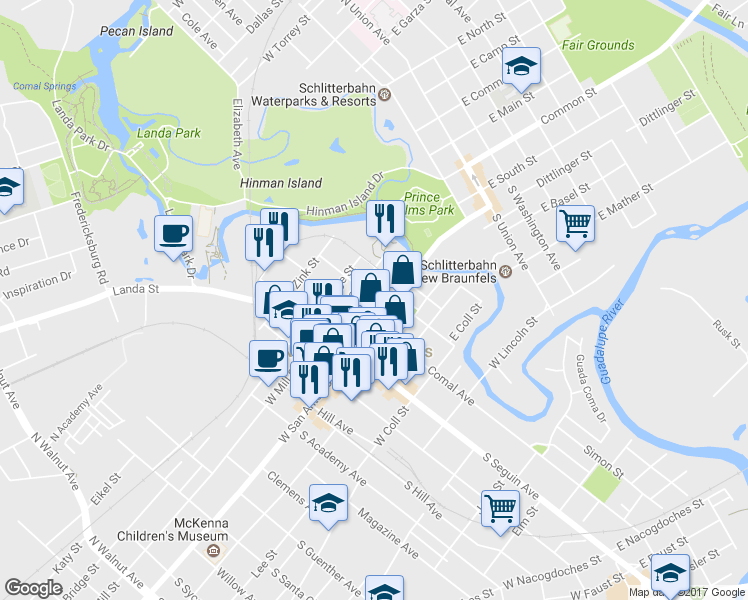 map of restaurants, bars, coffee shops, grocery stores, and more near 219 East San Antonio Street in New Braunfels