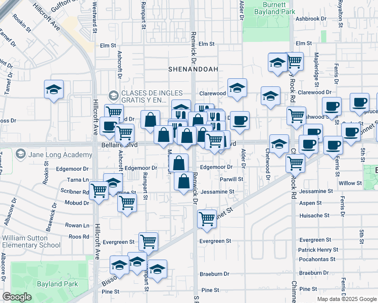 map of restaurants, bars, coffee shops, grocery stores, and more near 5933 Bellaire Boulevard in Houston