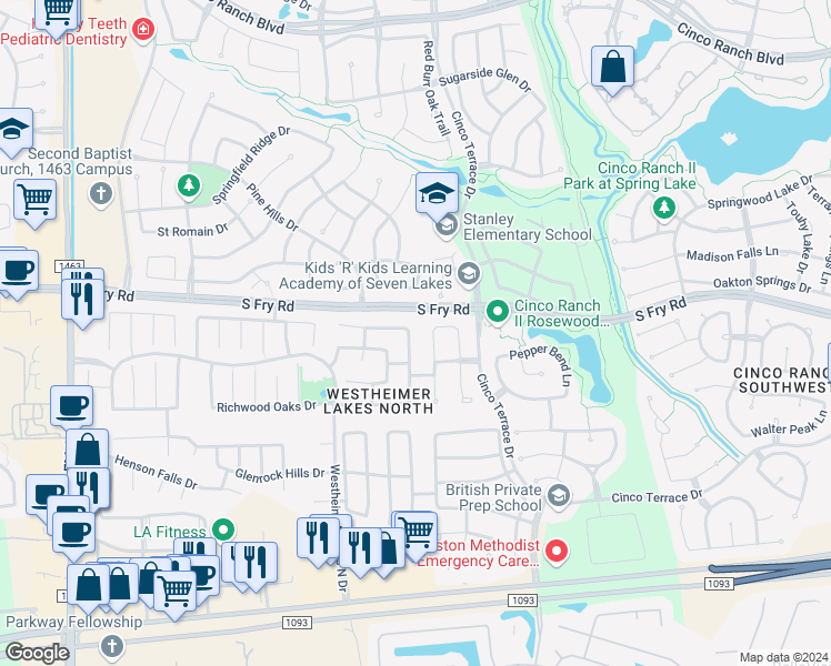 map of restaurants, bars, coffee shops, grocery stores, and more near 6015 Starbrook Creek Drive in Katy