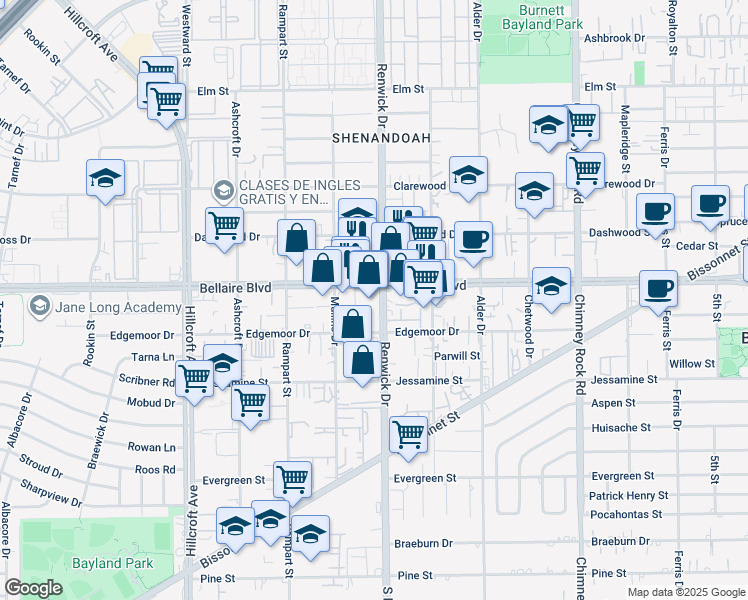 map of restaurants, bars, coffee shops, grocery stores, and more near 5933 Bellaire Boulevard in Houston