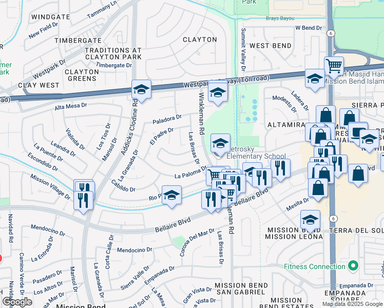 map of restaurants, bars, coffee shops, grocery stores, and more near 6703 Las Brisas Drive in Houston