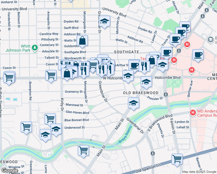 map of restaurants, bars, coffee shops, grocery stores, and more near 7000 Greenbriar Drive in Houston