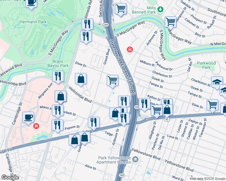 map of restaurants, bars, coffee shops, grocery stores, and more near 3131 Holcombe Boulevard in Houston