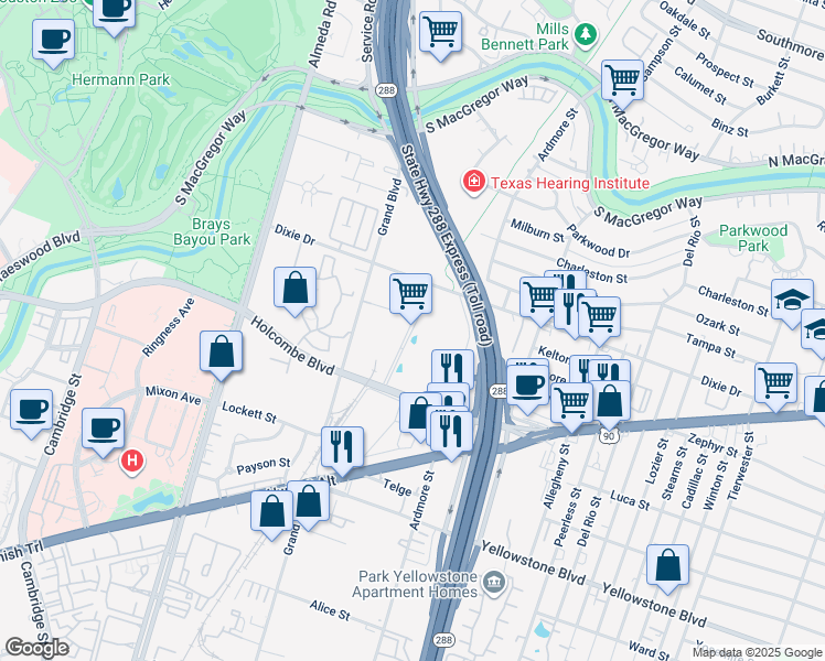 map of restaurants, bars, coffee shops, grocery stores, and more near 3131 Holcombe Boulevard in Houston