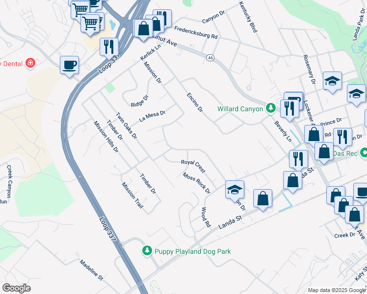 map of restaurants, bars, coffee shops, grocery stores, and more near 79 Mission Drive in New Braunfels