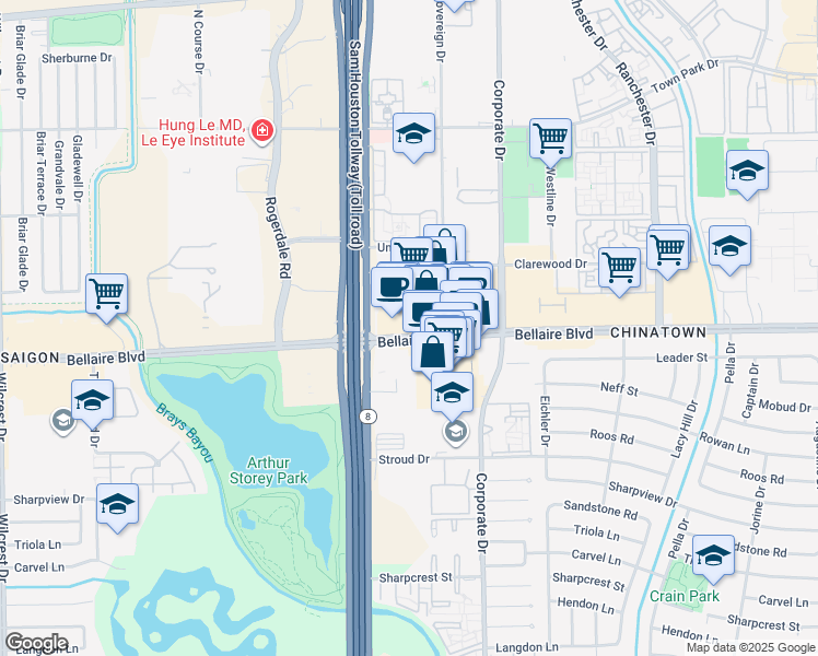 map of restaurants, bars, coffee shops, grocery stores, and more near 9885 Bellaire Boulevard in Houston