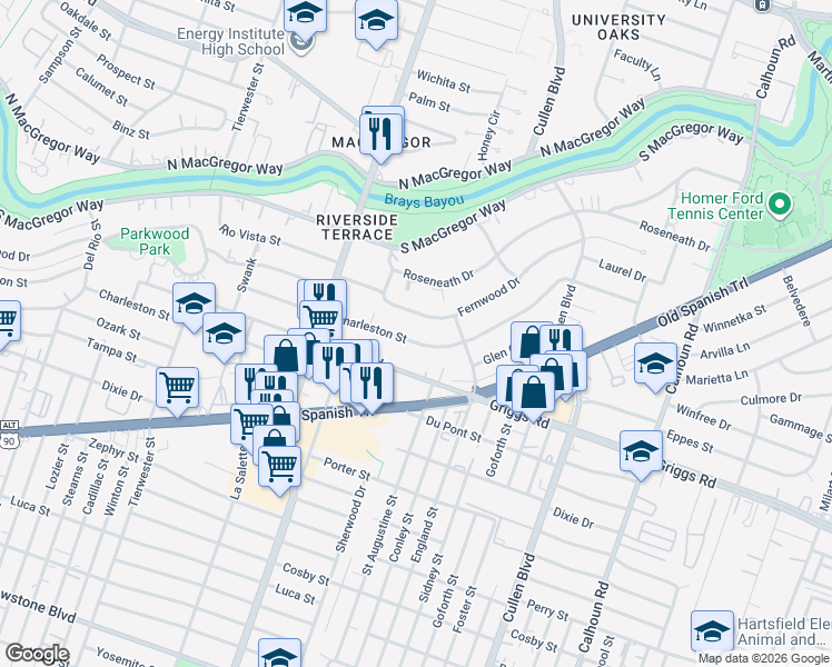 map of restaurants, bars, coffee shops, grocery stores, and more near 3926 Charleston Street in Houston