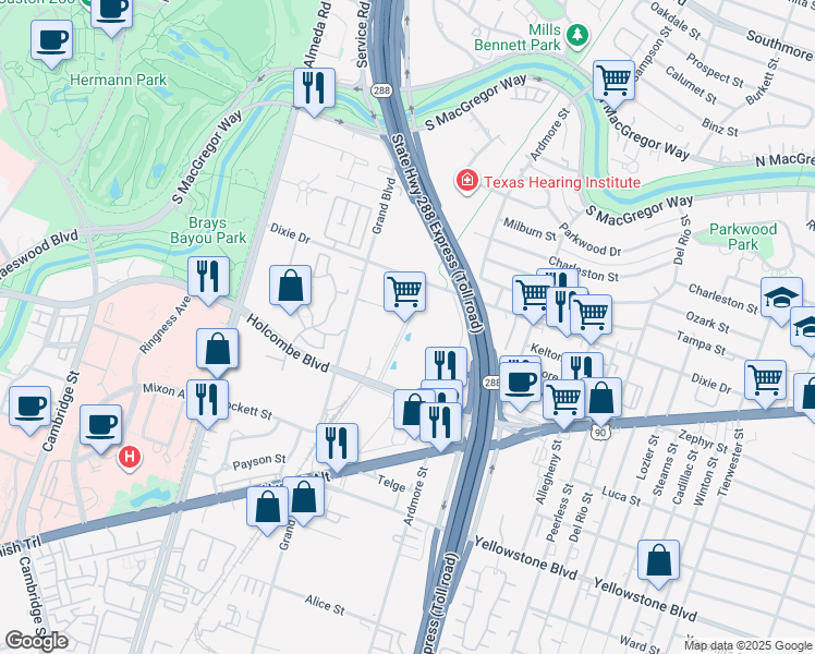 map of restaurants, bars, coffee shops, grocery stores, and more near 3131 Holcombe Boulevard in Houston