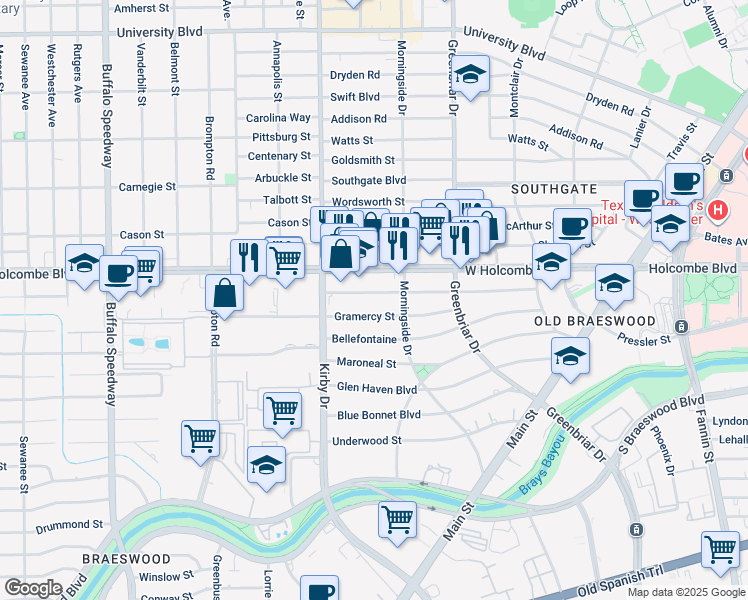 map of restaurants, bars, coffee shops, grocery stores, and more near 2502 Gramercy Street in Houston