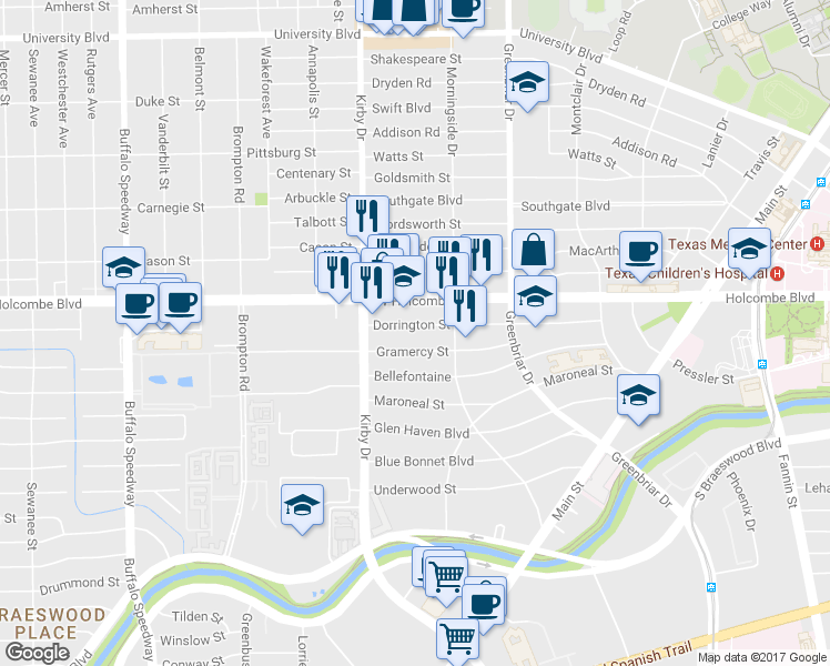 map of restaurants, bars, coffee shops, grocery stores, and more near 2502 Gramercy Street in Houston