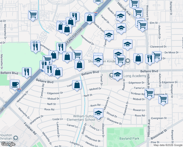 map of restaurants, bars, coffee shops, grocery stores, and more near 6842 Leader Street in Houston