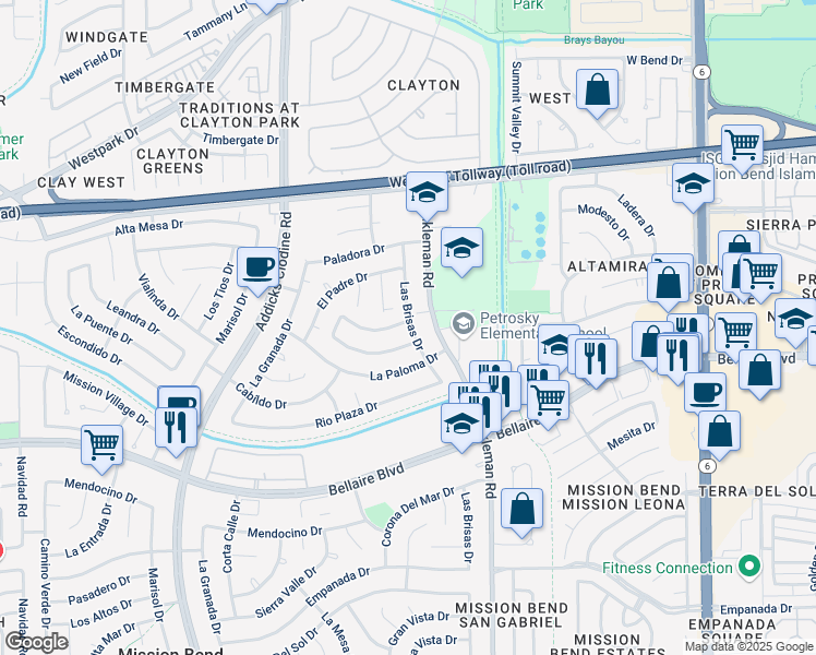 map of restaurants, bars, coffee shops, grocery stores, and more near 6703 Las Brisas Drive in Houston