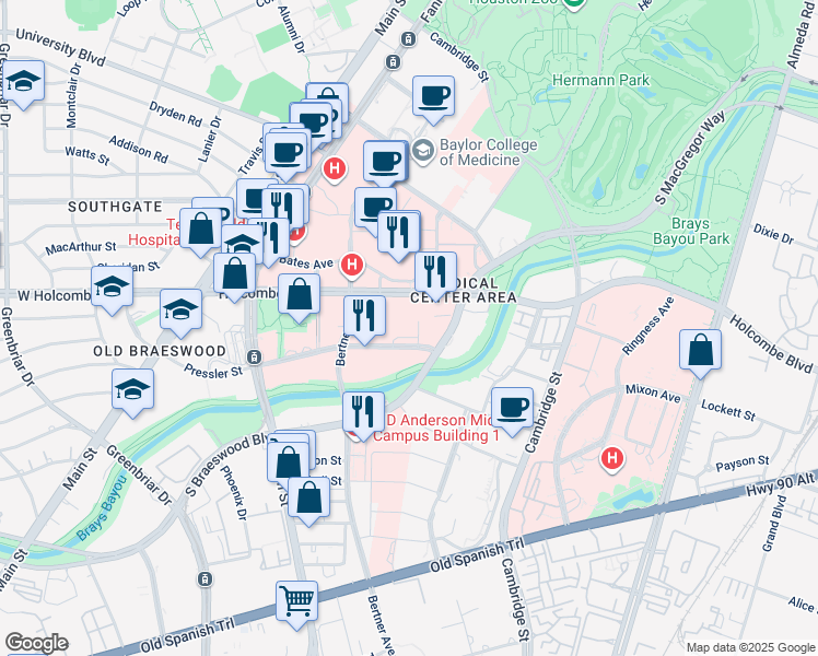 map of restaurants, bars, coffee shops, grocery stores, and more near 1400 Pressler Street in Houston