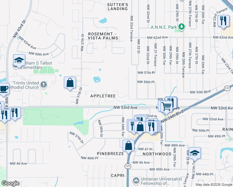 map of restaurants, bars, coffee shops, grocery stores, and more near 5426 Northwest 36th Terrace in Gainesville