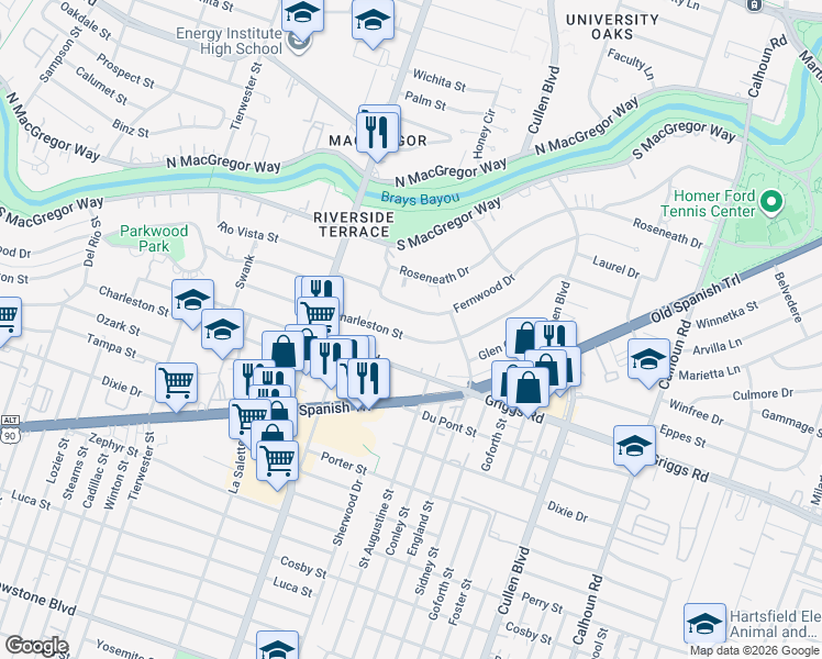 map of restaurants, bars, coffee shops, grocery stores, and more near 3926 Charleston Street in Houston