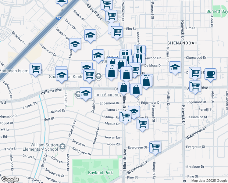 map of restaurants, bars, coffee shops, grocery stores, and more near 6322 Leader Street in Houston