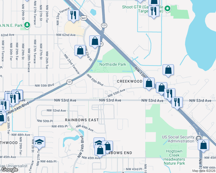 map of restaurants, bars, coffee shops, grocery stores, and more near 2074 Northwest 55th Boulevard in Gainesville