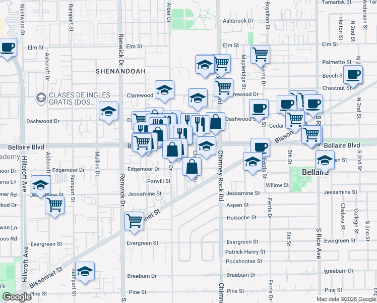 map of restaurants, bars, coffee shops, grocery stores, and more near 6908 Chetwood Drive in Houston