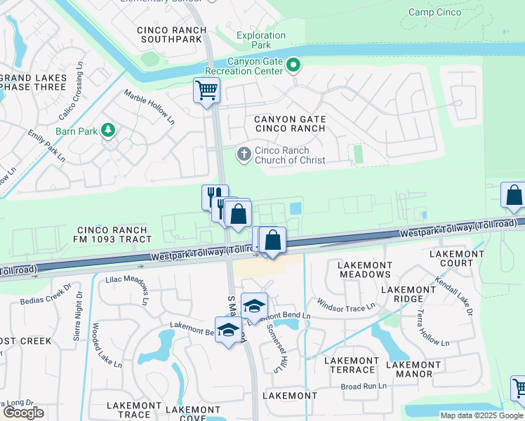 map of restaurants, bars, coffee shops, grocery stores, and more near 20554 Farm to Market Road 1093 in Richmond
