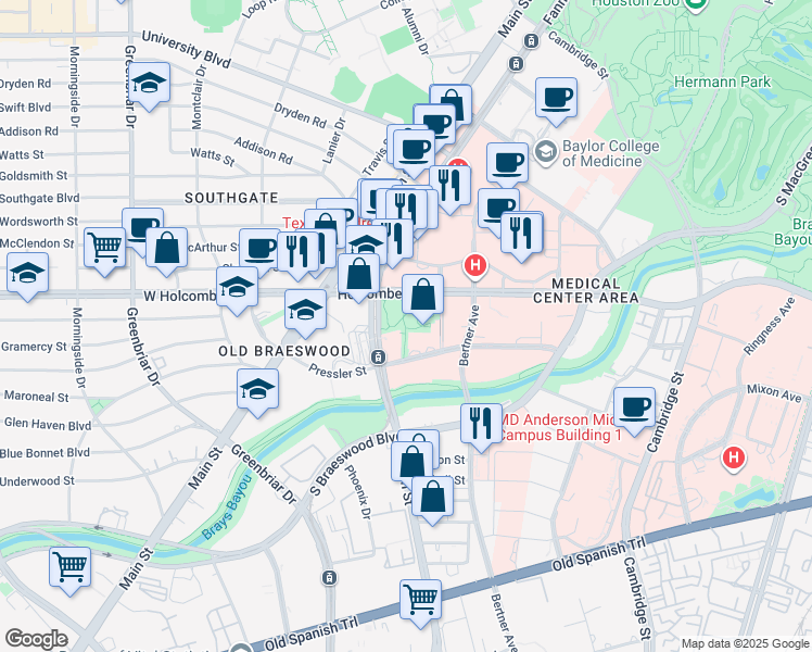 map of restaurants, bars, coffee shops, grocery stores, and more near in Houston
