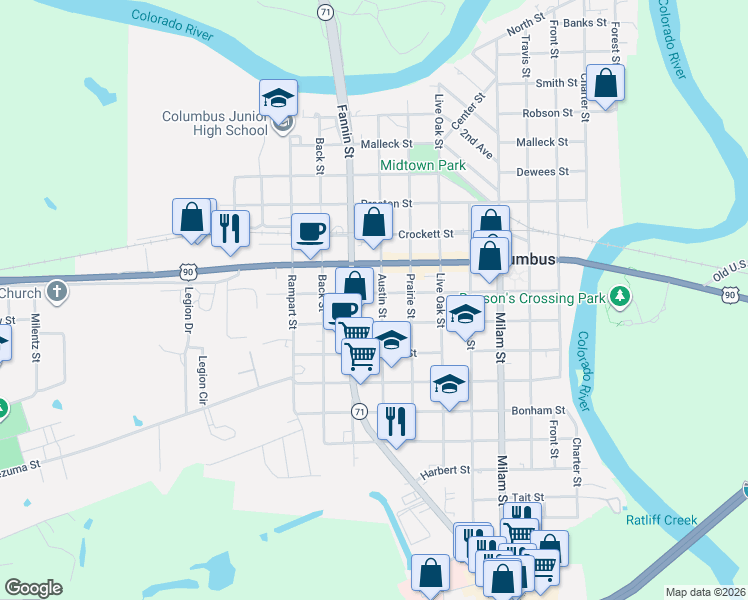 map of restaurants, bars, coffee shops, grocery stores, and more near 1224 Austin Street in Columbus