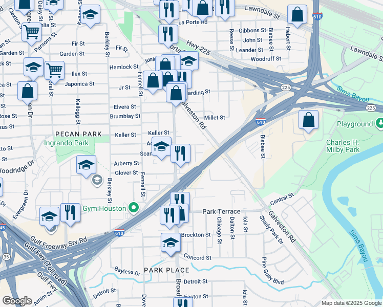 map of restaurants, bars, coffee shops, grocery stores, and more near 2505 Broadway Street in Houston