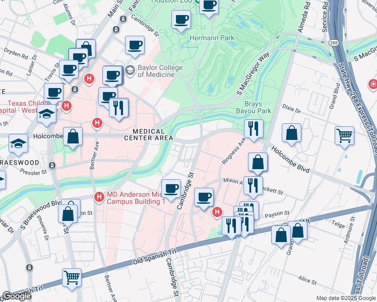 map of restaurants, bars, coffee shops, grocery stores, and more near 1935 Woodbury Street in Houston